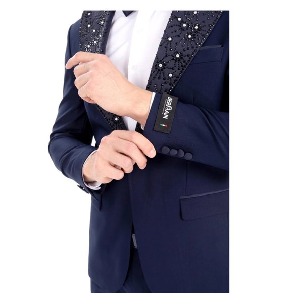 Derman Navy Stone Embroidered Collar Tuxedo 2 Piece - Picture 5 of 6